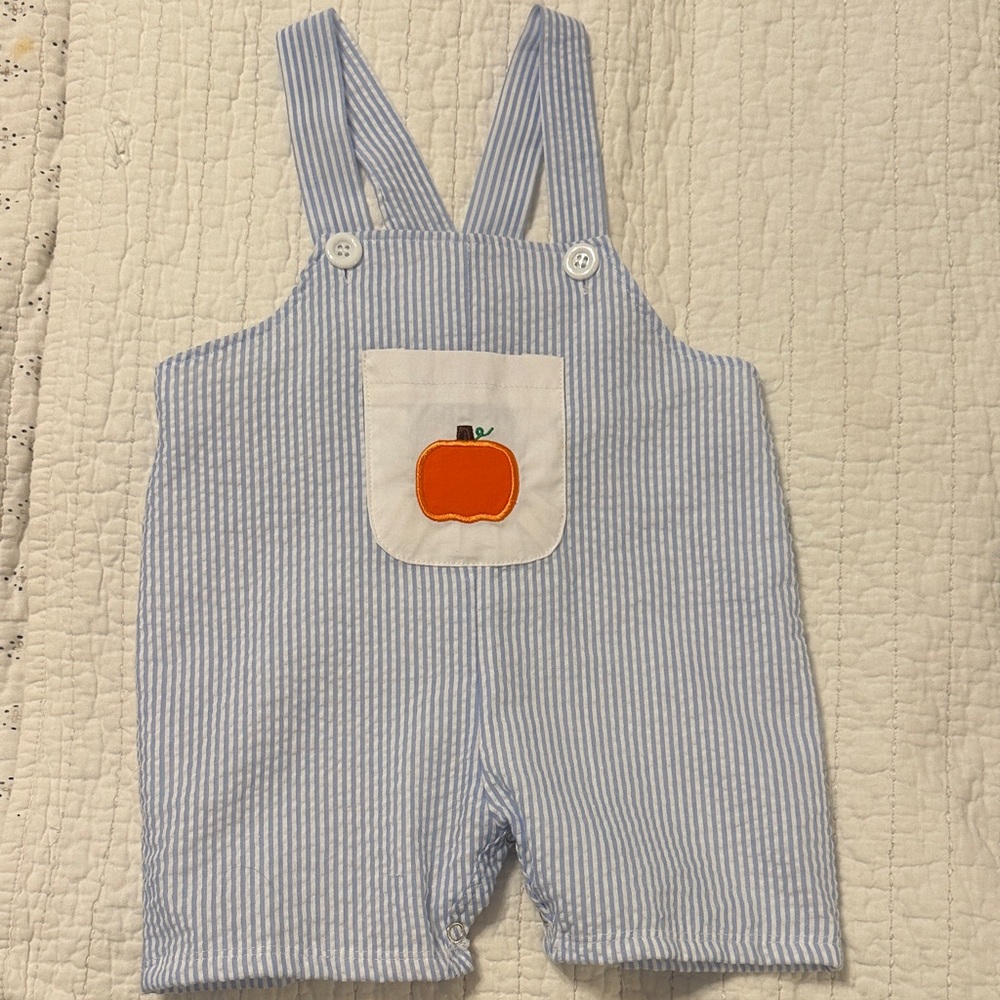 Blue Stripe Baby Overalls with Orange Pumpkin Pocket
